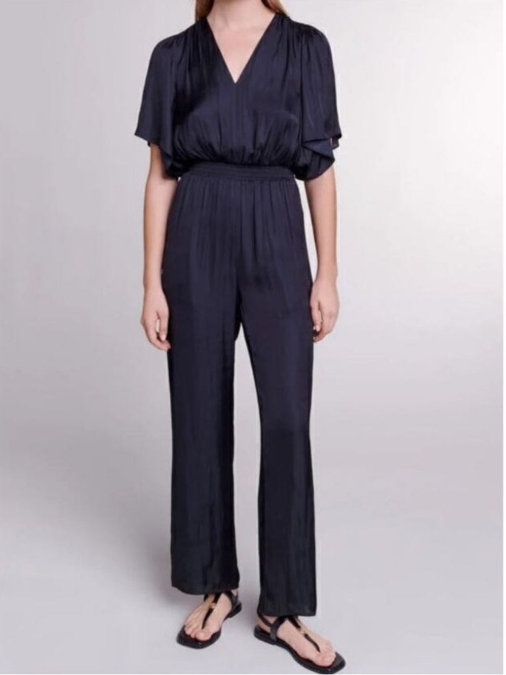 Maje Black Satin Pant Jumpsuit Elastic Waist Flutter Sleeves Size 40/L MSRP $345